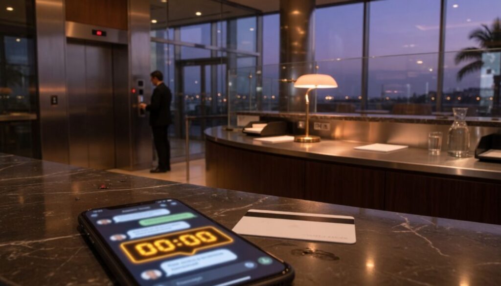 Hotel lobby at dusk with a smartphone showing a fake urgent reservation message beside a key card