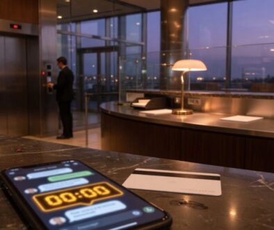 Hotel lobby at dusk with a smartphone showing a fake urgent reservation message beside a key card